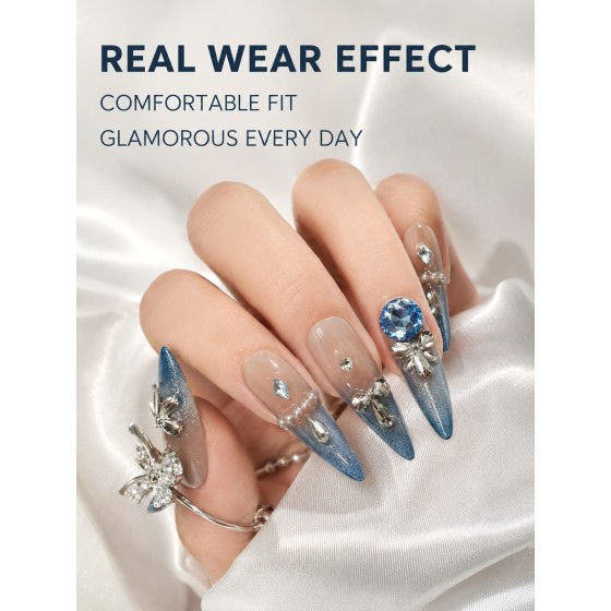 Blue Glitter Gradient Long Stiletto Press‑On Nails, Luxurious 3D Bow Pearl Rhinestone False Nails